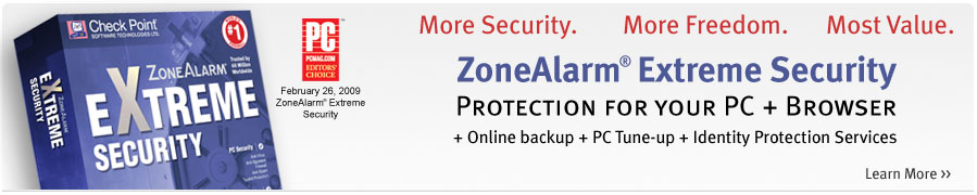 Introducing ZoneAlarm Extreme Security, Comprehensive PC and Browser Security, Includes ZoneAlarm ForceField(tm), Anti-virus, Anti-Spyware, Firewall, 2GB online backup, PC Tune-Up, and more.