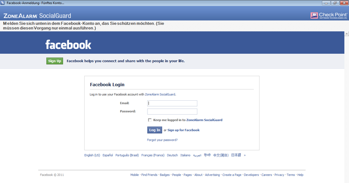 ZoneAlarm SocialGuard Facebook Login
