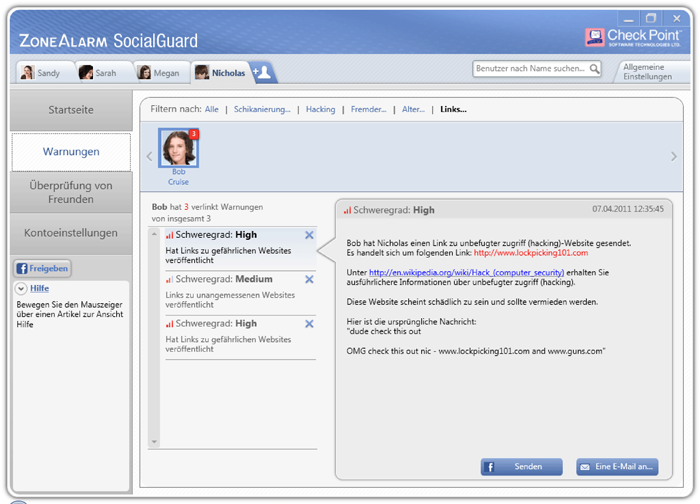 ZoneAlarm SocialGuard Dangerous Links