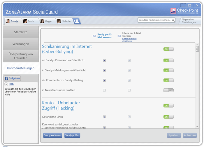 ZoneAlarm SocialGuard Account Settings